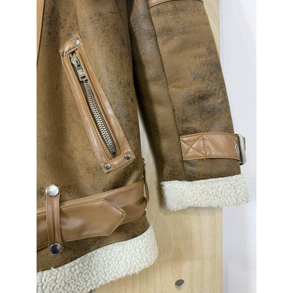 AVEC LES FILLES Coat Worn On TV Eden McCoy Camel Faux Shearling Jacket Moto XS - Picture 6 of 16